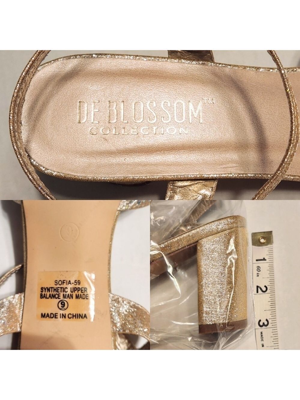 De Blossom Collection Gold Glitter Rhinestone Heel Sandal Size 9 - Picture 9 of 10